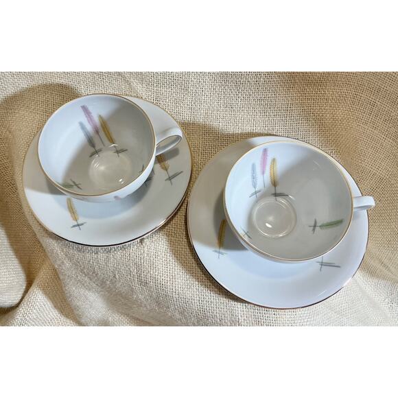 2 WINTERLING Bavaria MCM mid century modern pastel WHEAT feather cups & saucers - Picture 3 of 9
